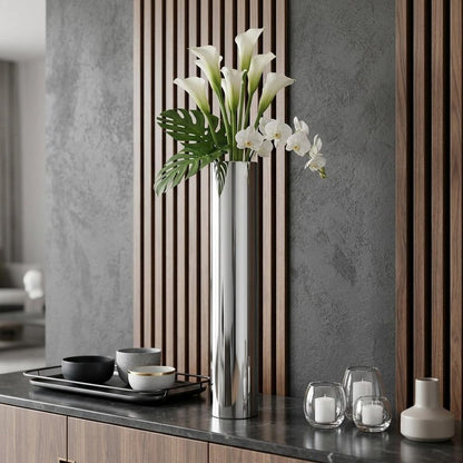 40" Silver Aluminum Cylindrical Floor Vase