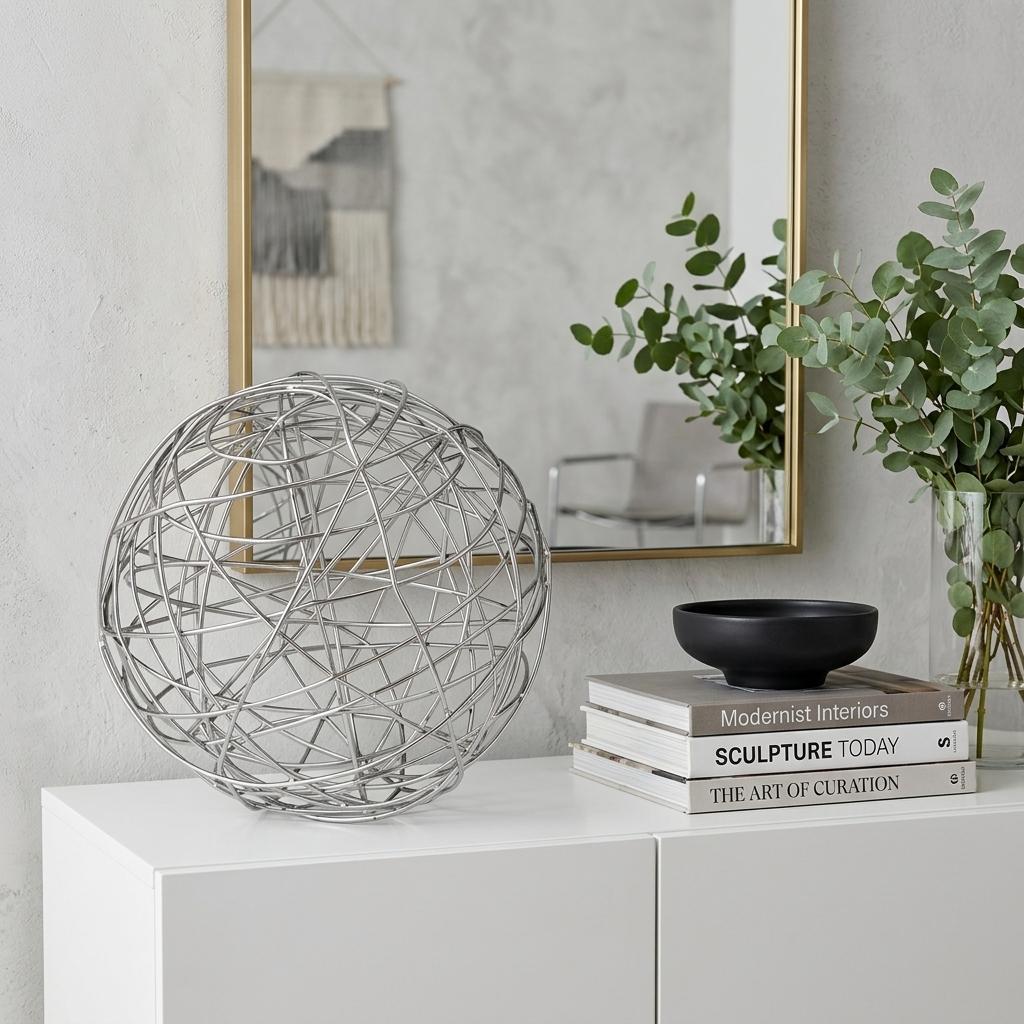 12" Silver Iron Decorative Orb Tabletop Sculpture