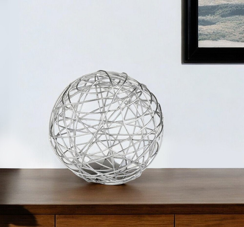 12" Silver Iron Decorative Orb Tabletop Sculpture