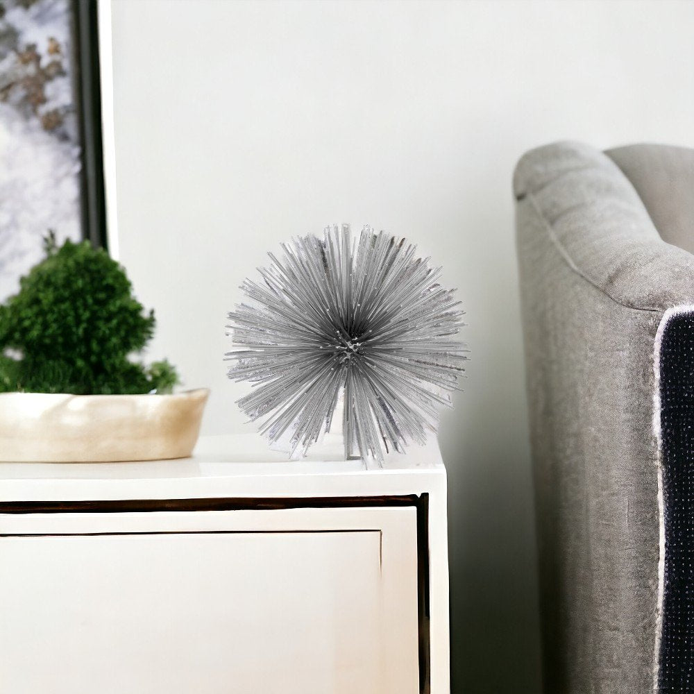 10" Silver Metal Spiky Sphere Tabletop Sculpture