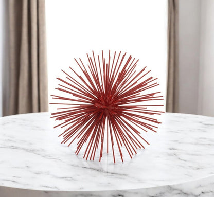 10" Red Iron Decorative Spiky Sphere Tabletop Sculpture
