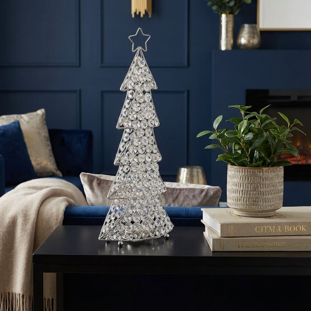 16" Glam Silver And Faux Crystals Christmas Tree Tabletop Sculpture