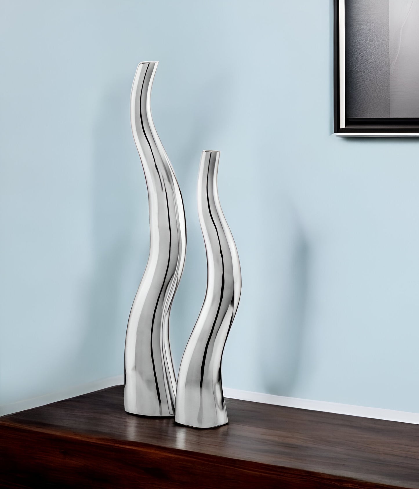 Set of Two Silver Aluminum Squiggly Table Vase