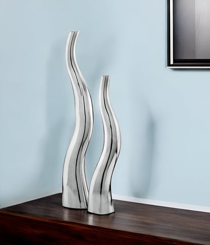 Set of Two Silver Aluminum Squiggly Table Vase