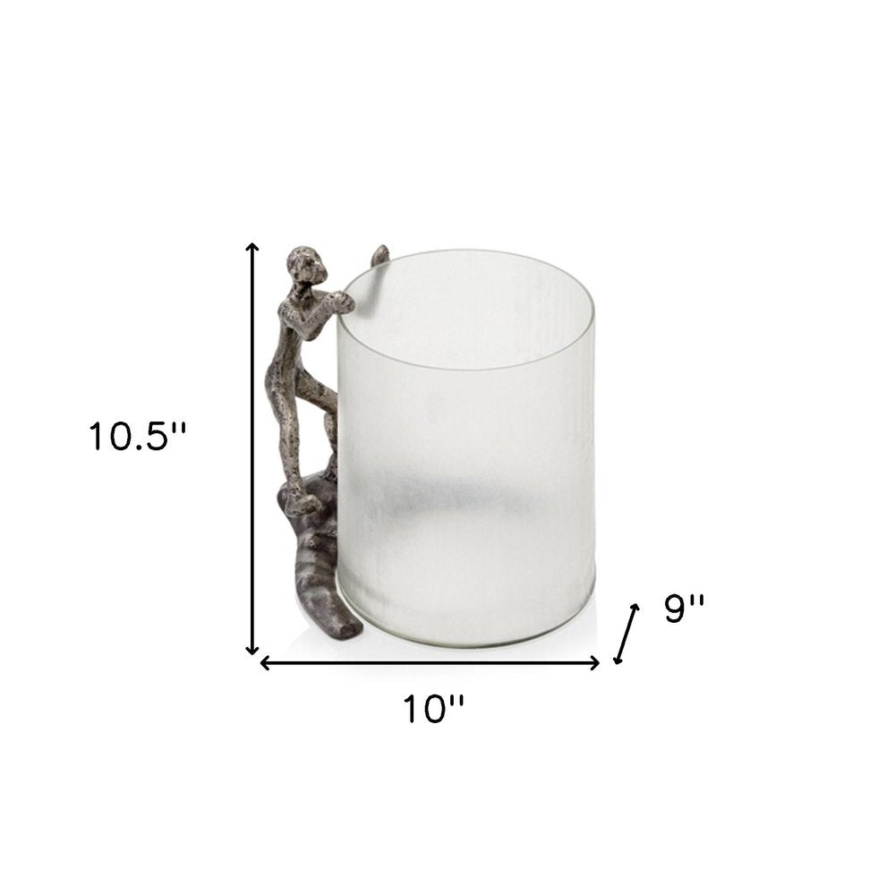 10" Silver And Glass Climbing Man Hurricane Candle Holder