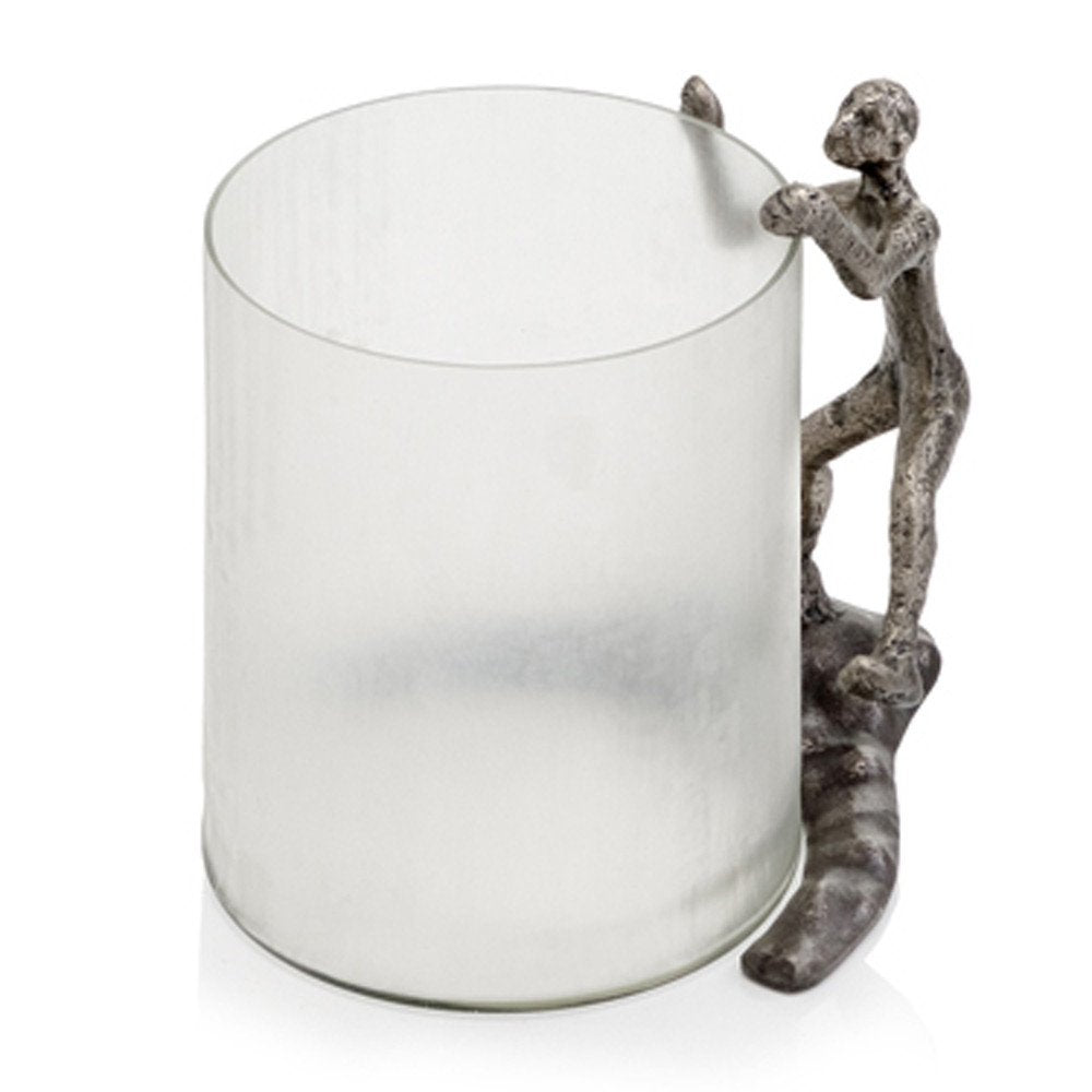 10" Silver And Glass Climbing Man Hurricane Candle Holder
