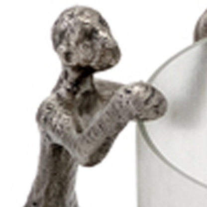 10" Silver And Glass Climbing Man Hurricane Candle Holder