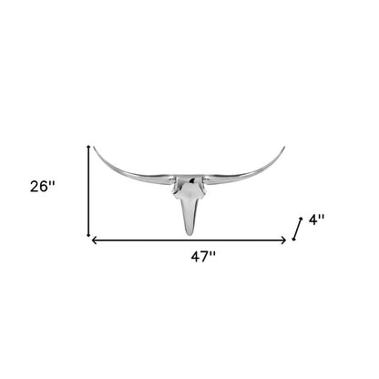 47" Silver Buffed Aluminum Long Horn Wall Sculpture