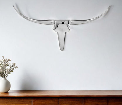 47" Silver Buffed Aluminum Long Horn Wall Sculpture