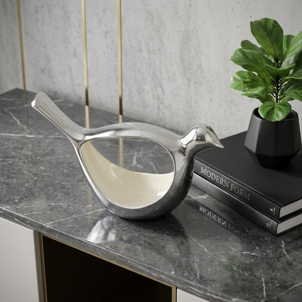7" Silver Buffed Aluminum Bird Shaped Sculptural Bowl