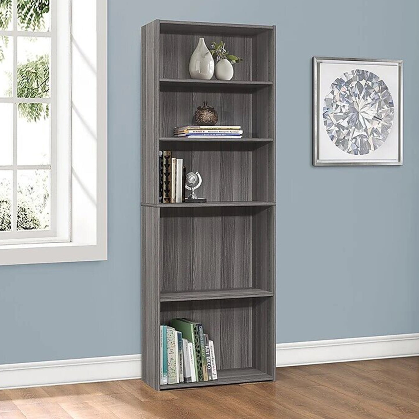 71" Gray Wood Adjustable Five Tier Bookcase