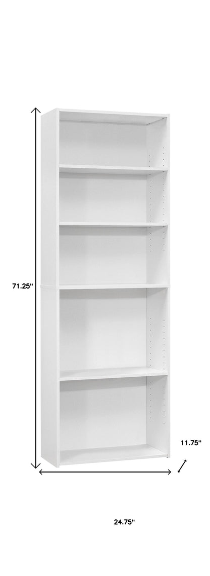 71" White Wood Adjustable Five Tier Bookcase