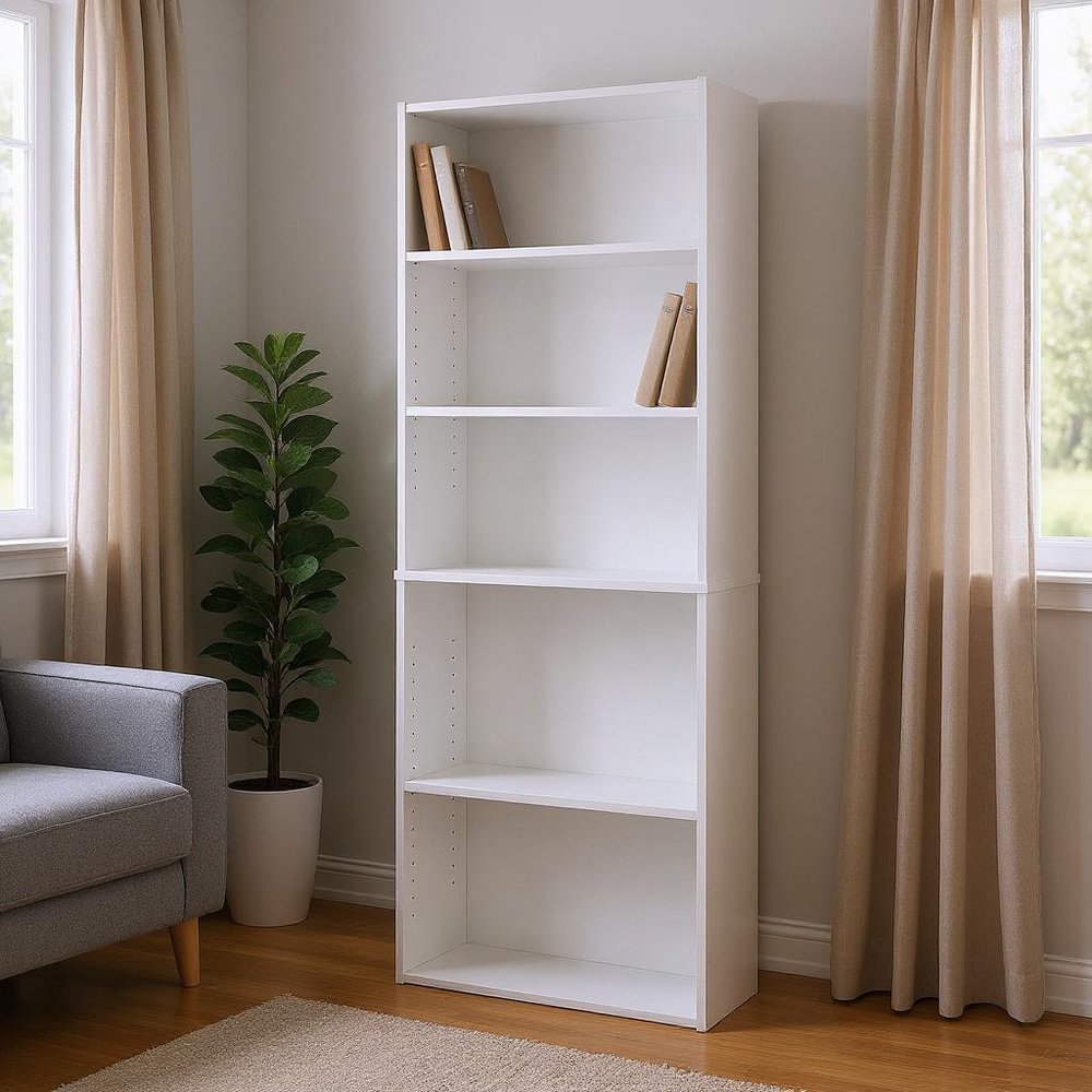 71" White Wood Adjustable Five Tier Bookcase