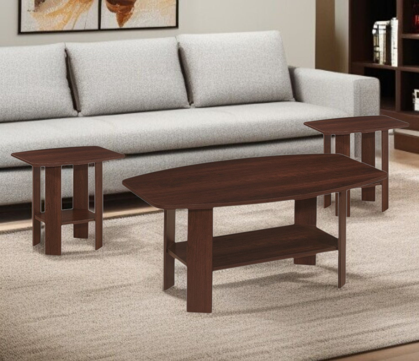 Set of Three 36" Dark Brown Coffee Table With Shelf