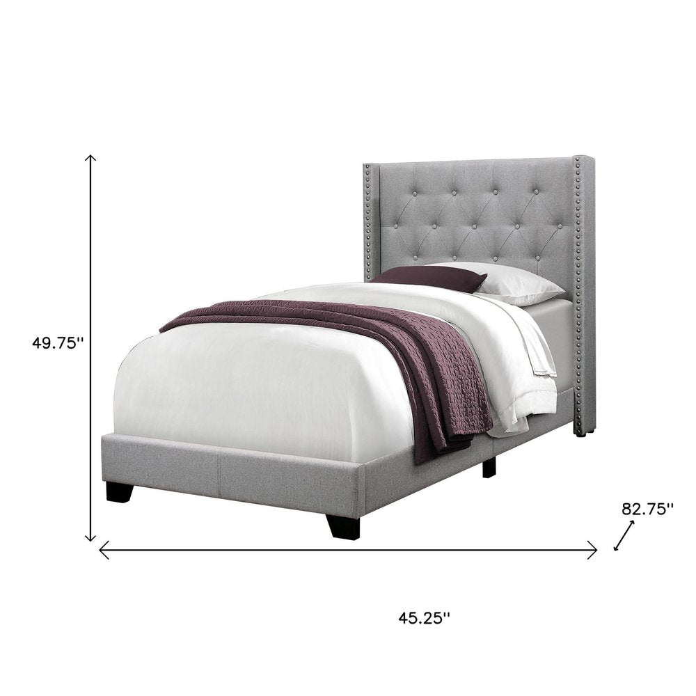 Gray Solid Wood Twin Tufted Upholstered Linen Bed Frame with Nailhead Trim