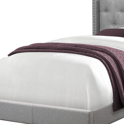 Gray Solid Wood Twin Tufted Upholstered Linen Bed Frame with Nailhead Trim