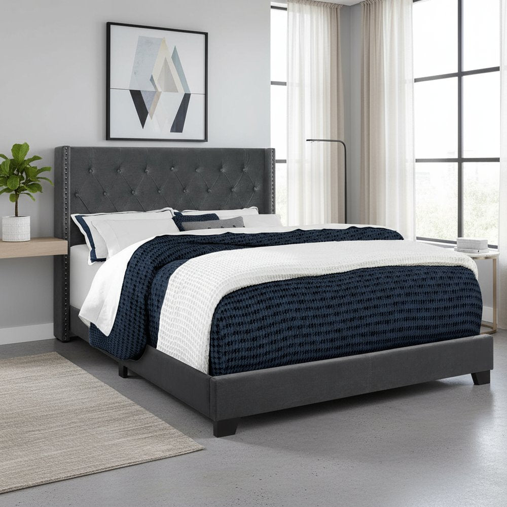 Solid Wood Queen Tufted Gray Upholstered Velvet Bed With Nailhead Trim