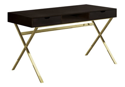 47" Dark Brown and Gold Computer Desk With Two Drawers