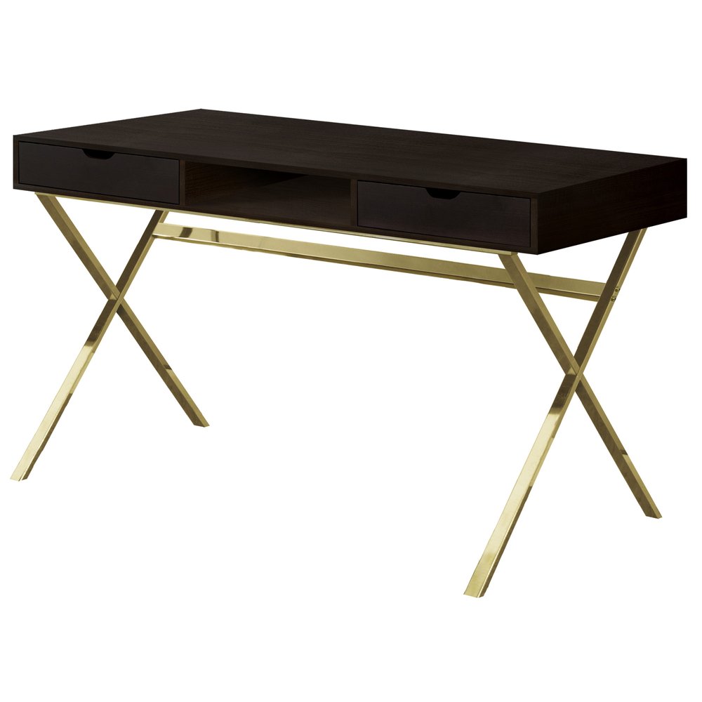 47" Dark Brown and Gold Computer Desk With Two Drawers