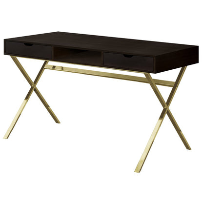 47" Dark Brown and Gold Computer Desk With Two Drawers