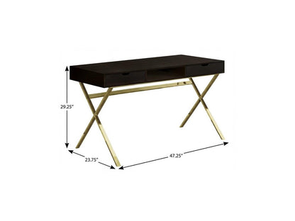 47" Dark Brown and Gold Computer Desk With Two Drawers