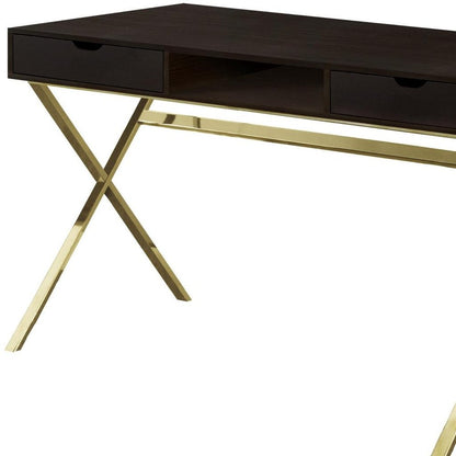47" Dark Brown and Gold Computer Desk With Two Drawers
