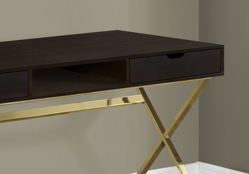 47" Dark Brown and Gold Computer Desk With Two Drawers