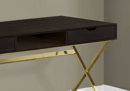 47" Dark Brown and Gold Computer Desk With Two Drawers