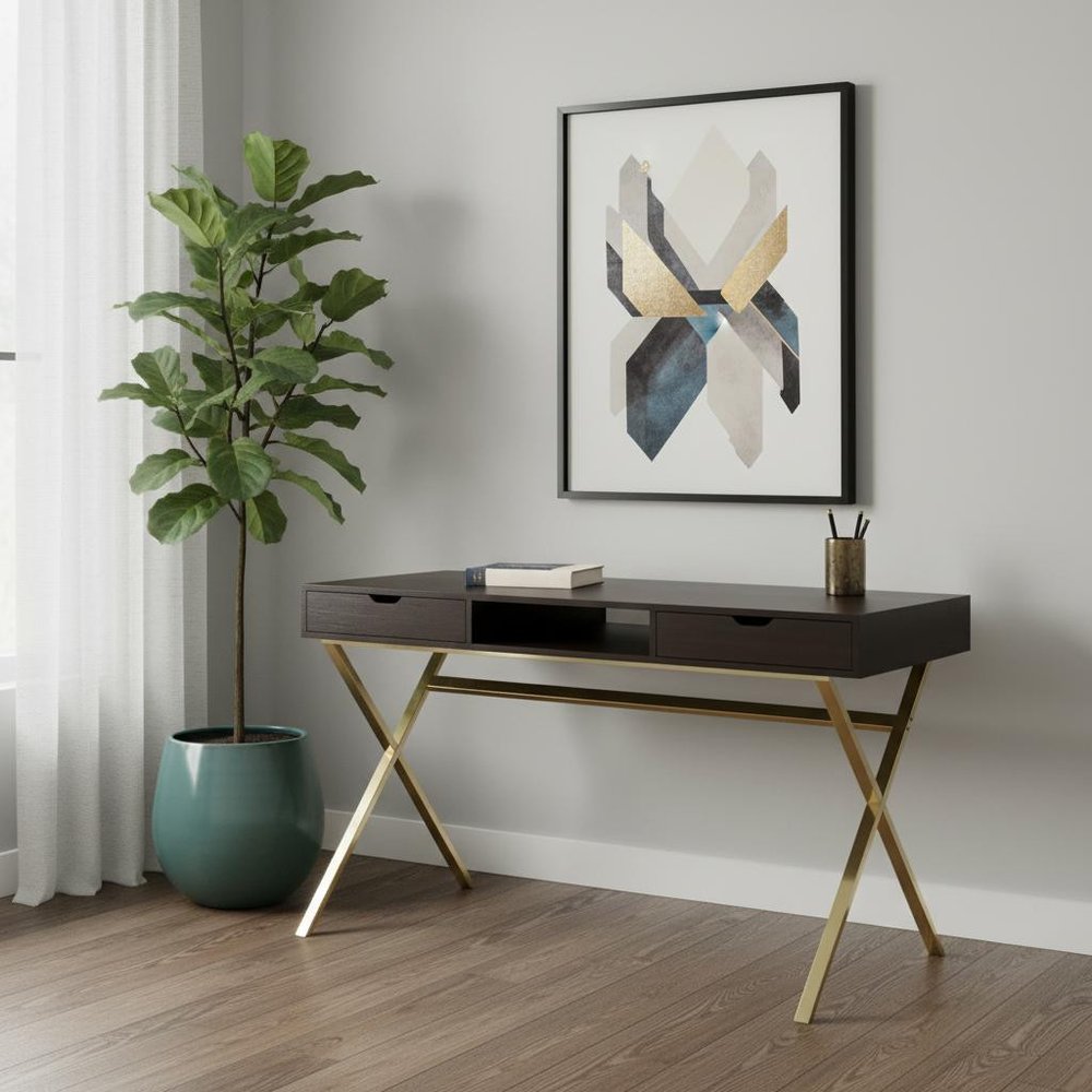 47" Dark Brown and Gold Computer Desk With Two Drawers