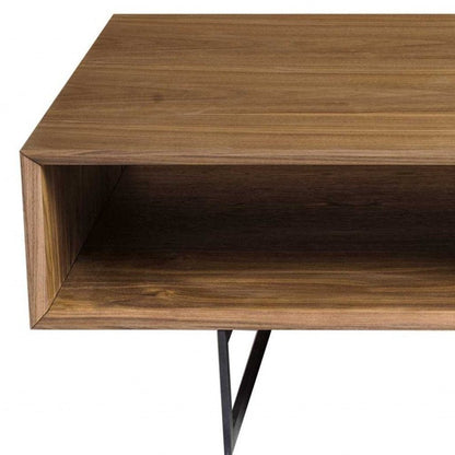 47" Brown and Black Wood And Metal Sled Coffee Table With Two Shelves