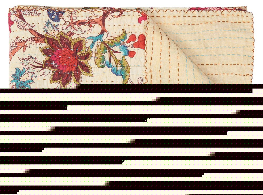 50" X 70" Yellow and Red Kantha Cotton Floral Throw Blanket with Embroidery