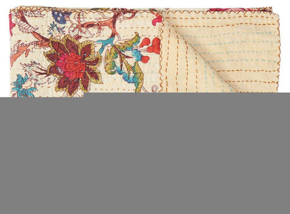 50" X 70" Yellow and Red Kantha Cotton Floral Throw Blanket with Embroidery