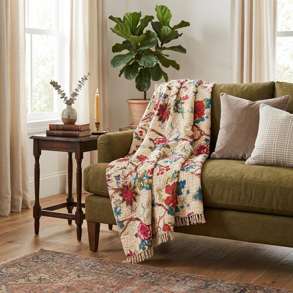 50" X 70" Green and Pink Kantha Cotton Abstract Throw Blanket with Embroidery