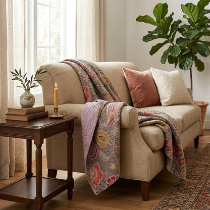 50" X 70" Gray and Pink Kantha Cotton Floral Throw Blanket with Embroidery