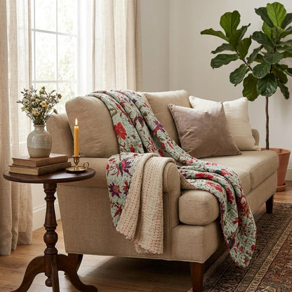 50" X 70" Gray and Pink Kantha Cotton Floral Throw Blanket with Embroidery