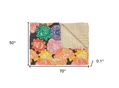 50" X 70" Black Green Red and Pink Kantha Cotton Patchwork Throw Blanket with Embroidery