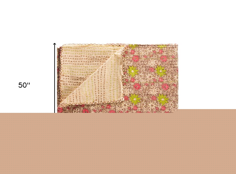 50" X 70" Maroon Yellow and Green Kantha Cotton Floral Throw Blanket with Embroidery