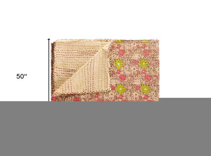 50" X 70" Maroon Yellow and Green Kantha Cotton Floral Throw Blanket with Embroidery