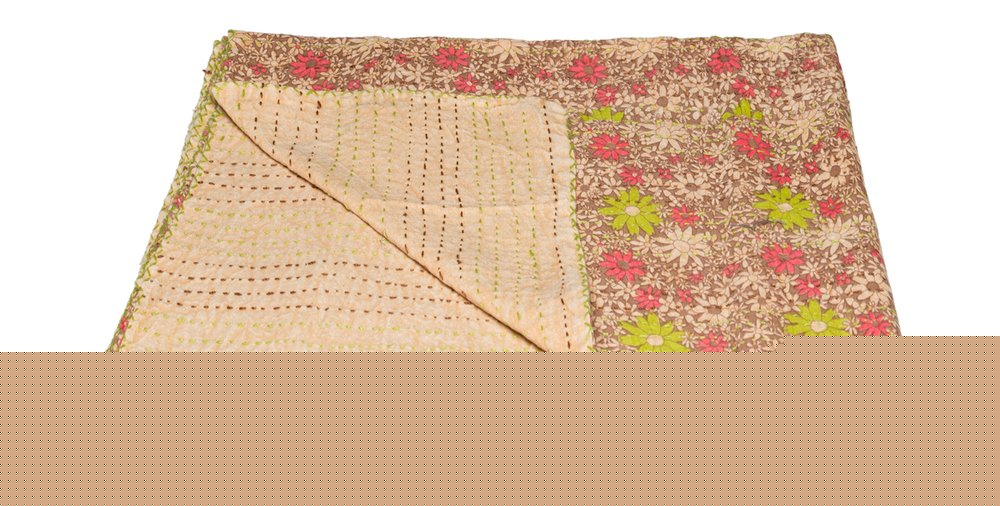 50" X 70" Maroon Yellow and Green Kantha Cotton Floral Throw Blanket with Embroidery