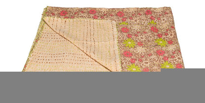 50" X 70" Maroon Yellow and Green Kantha Cotton Floral Throw Blanket with Embroidery