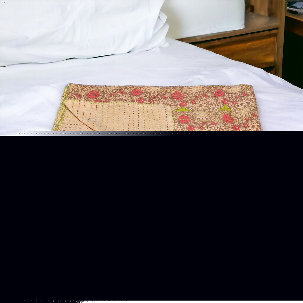 50" X 70" Maroon Yellow and Green Kantha Cotton Floral Throw Blanket with Embroidery