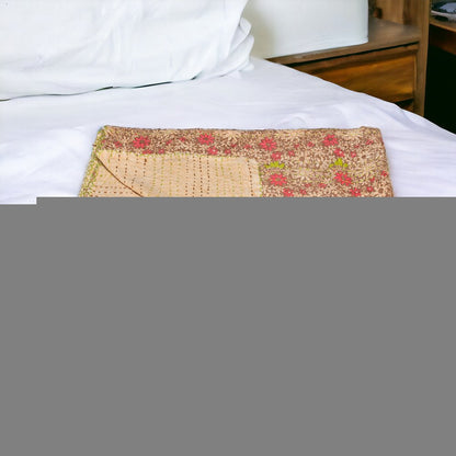 50" X 70" Maroon Yellow and Green Kantha Cotton Floral Throw Blanket with Embroidery