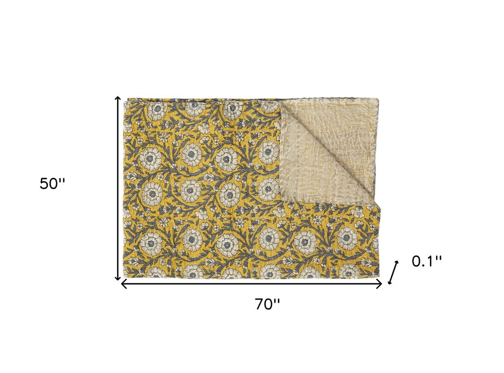 50" X 70" Yellow and Gray Kantha Cotton Floral Throw Blanket