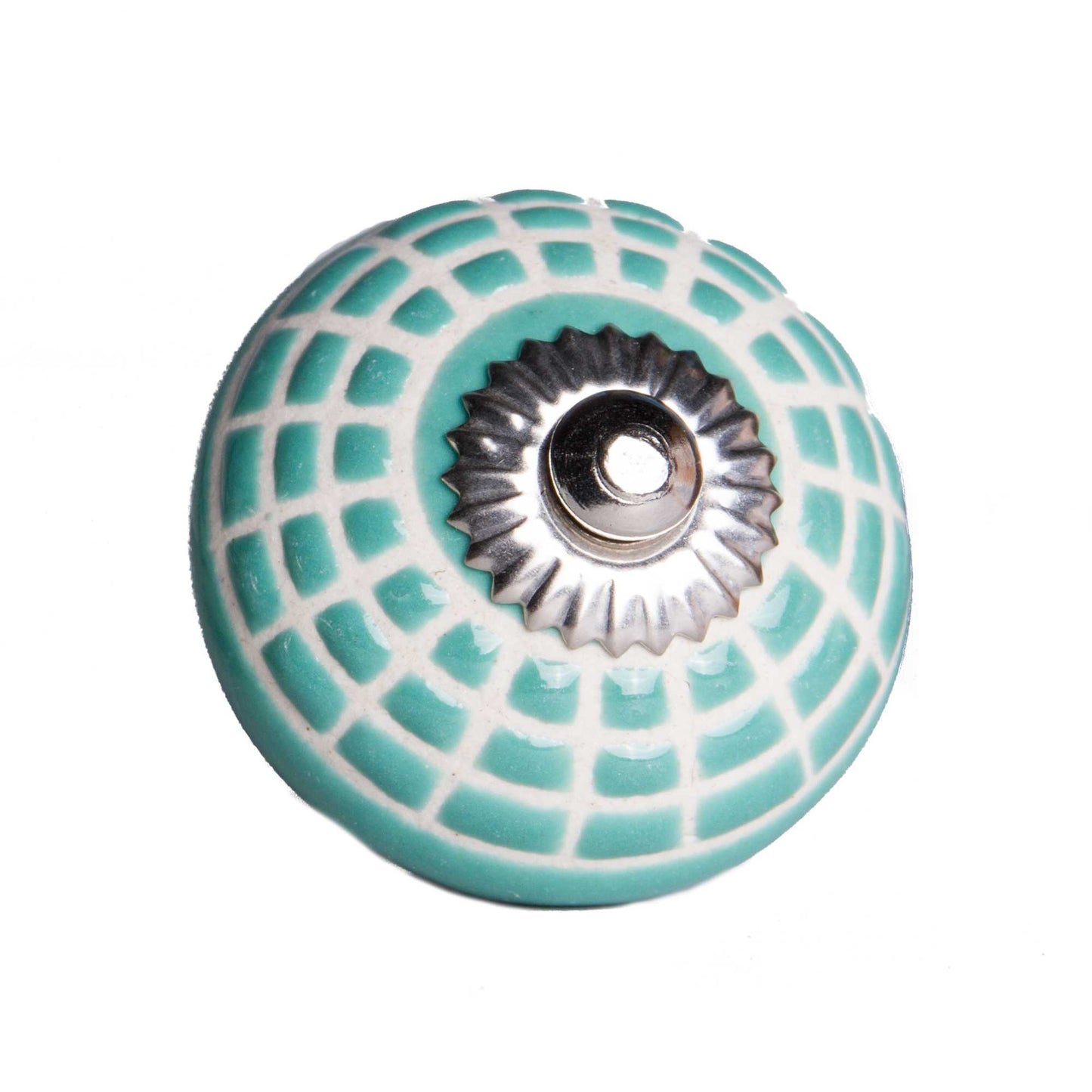 Set of Eight Turquoise And White Geometric Ceramic Drawer Pull Knobs