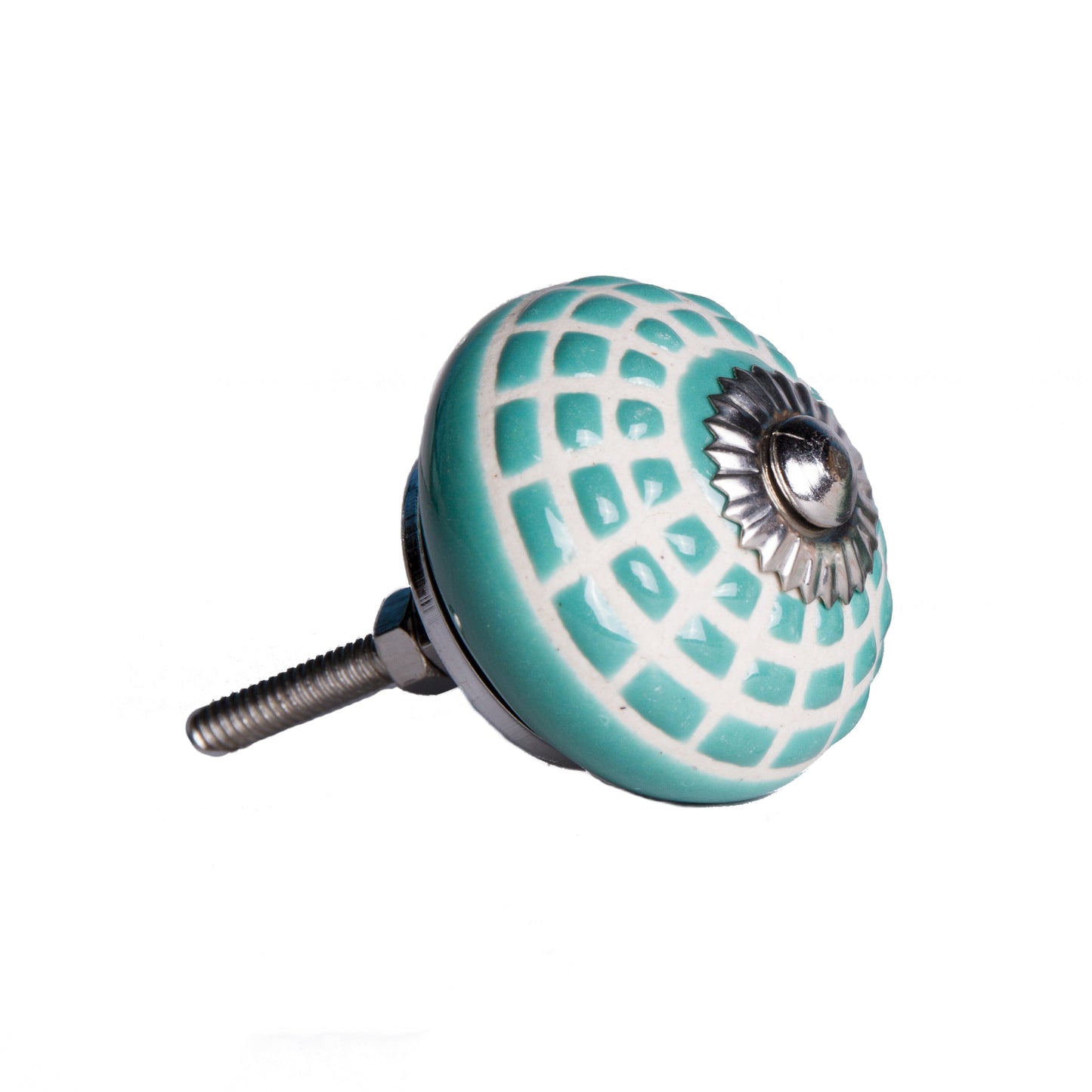 Set of Eight Turquoise And White Geometric Ceramic Drawer Pull Knobs