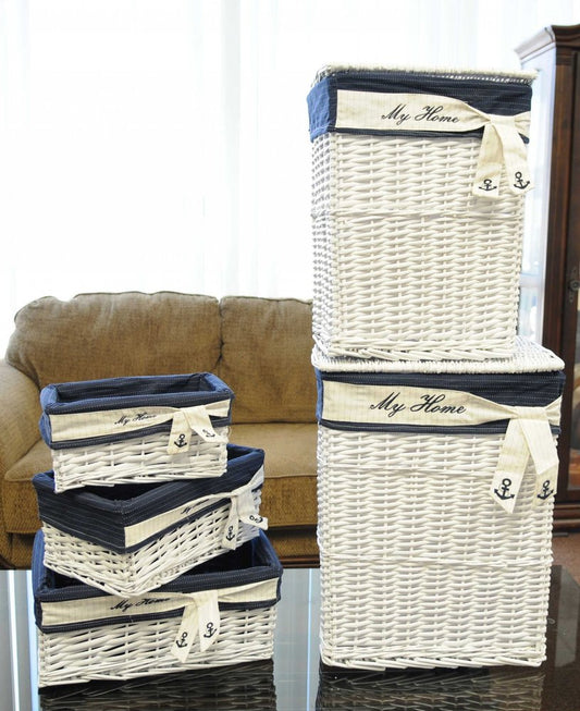 Set of Five Blue And White Rattan Basket