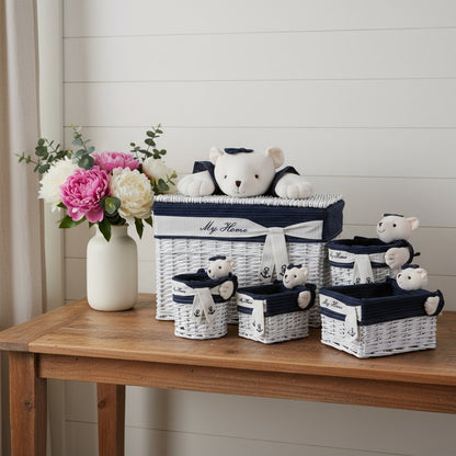 Set of Five Blue And White Rattan Basket