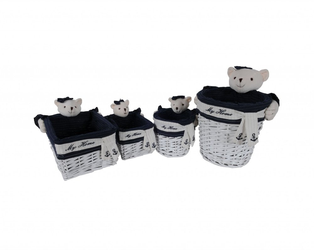 Set of Five Blue And White Rattan Basket