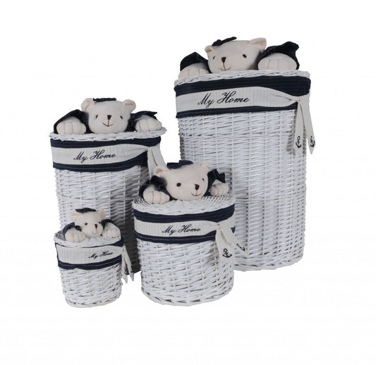 Set of Four Blue And White Rattan Basket