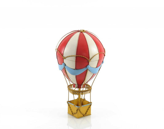 15" Red And White Metal Hand Painted Hot Air Balloon Tabletop Sculpture
